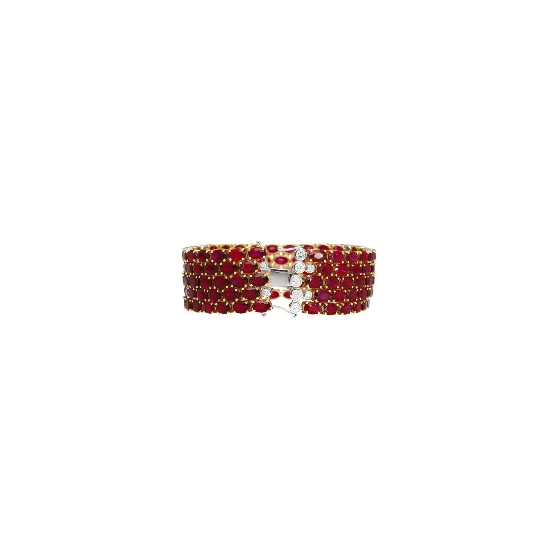 72.51 Carat Natural Oval Cut Ruby 5-Row Multi Link Tennis Bracelet in 18K Gold