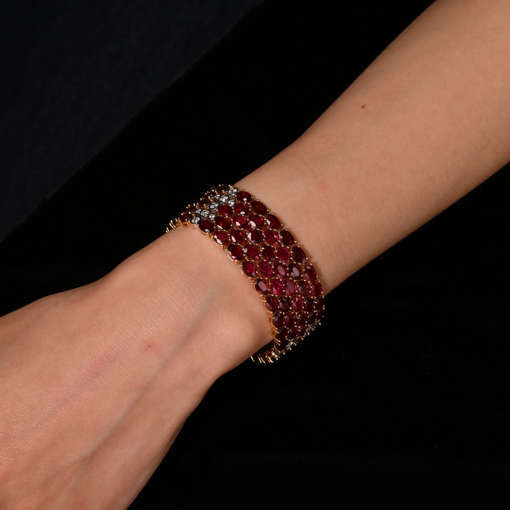 72.51 Carat Natural Oval Cut Ruby 5-Row Multi Link Tennis Bracelet in 18K Gold