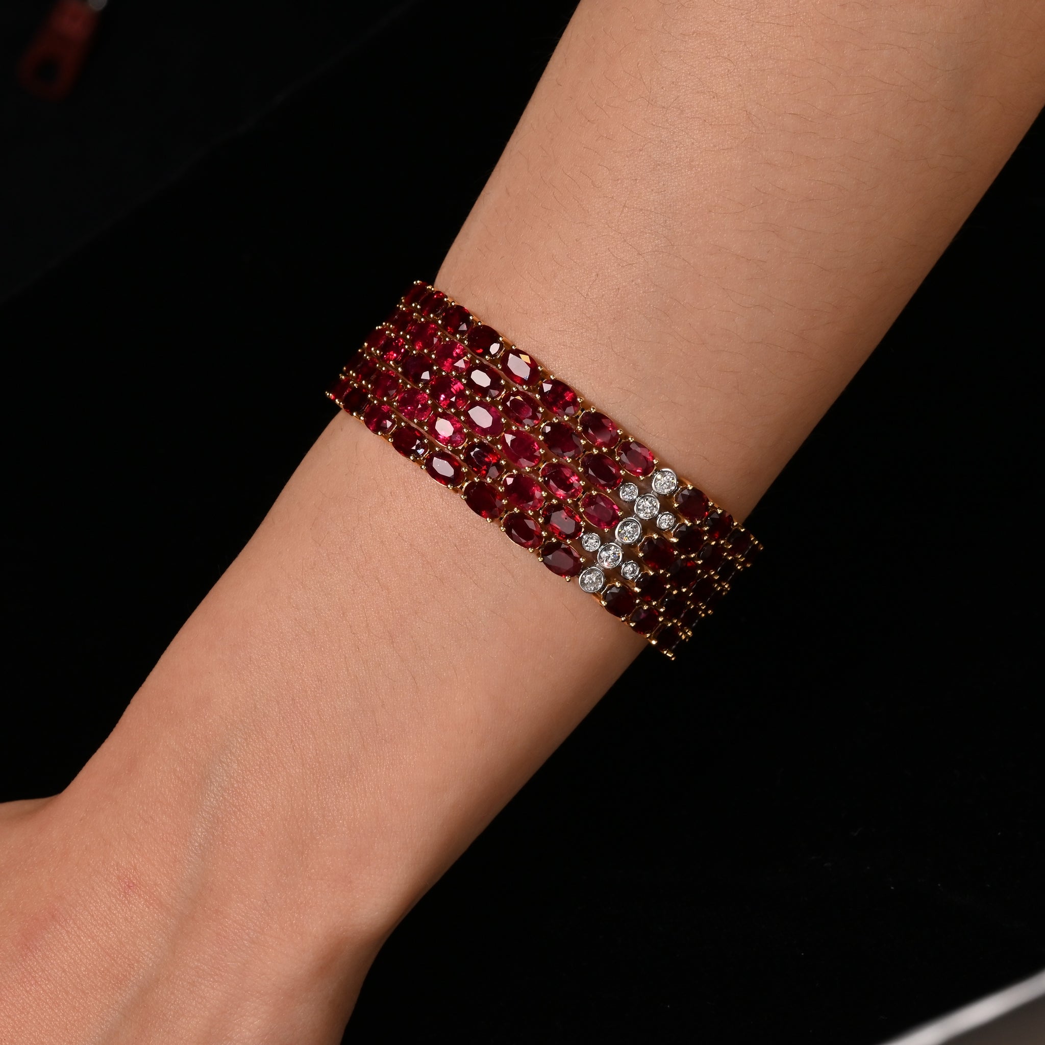 72.51 Carat Natural Oval Cut Ruby 5-Row Multi Link Tennis Bracelet in 18K Gold