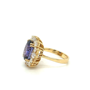 Ring con zaffiro blu taglio ovale da 7,15 carati e halo di diamanti in oro giallo 14K – Assay Jewelers