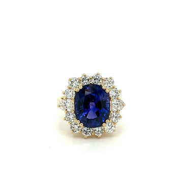 Ring con zaffiro blu taglio ovale da 7,15 carati e halo di diamanti in oro giallo 14K – Assay Jewelers