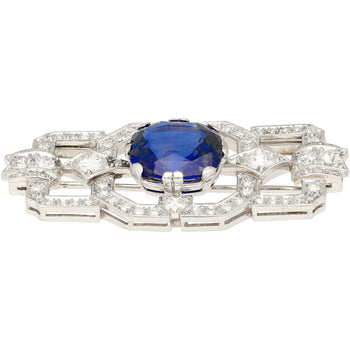 8.64カラットのAGL認定セイロン産Cushionカット・ブルーサファイアとダイヤモンドのブローチピン – Assay Jewelers