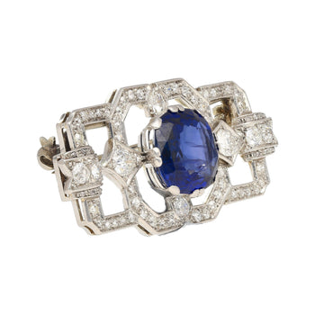8.64カラット AGL鑑定済み セイロン産 Cushionカット ブルーサファイアとダイヤモンドのブローチピン – Assay Jewelers