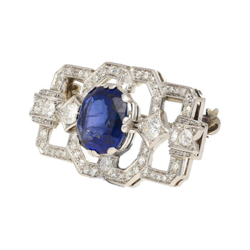 8.64カラット AGL認定 セイロン産 Cushionカット ブルーサファイアとダイヤモンドのブローチピン – Assay Jewelers