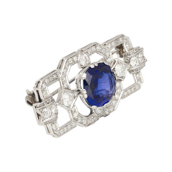 8.64カラット AGL認定 セイロン産 Cushionカット ブルーサファイアとダイヤモンドのブローチピン – Assay Jewelers