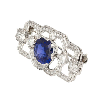 8.64カラット AGL鑑定 セイロン産 Cushionカット ブルーサファイアとダイヤモンドのブローチピン – Assay Jewelers