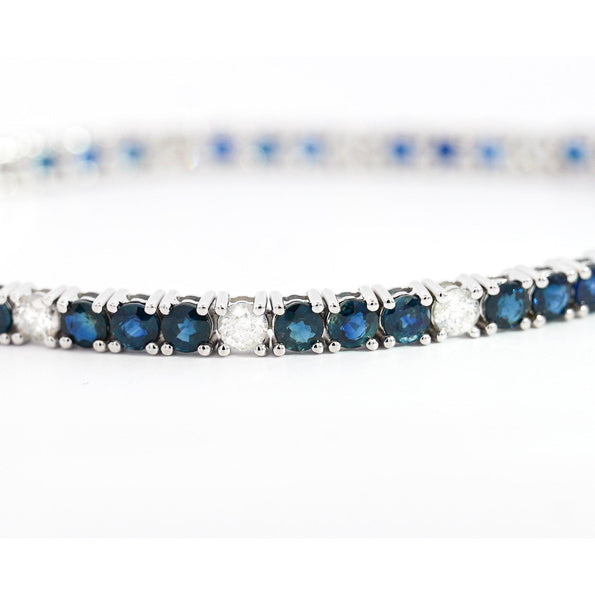 9 Carat Blue Sapphire and Diamond Tennis Bracelet in 18K White Gold