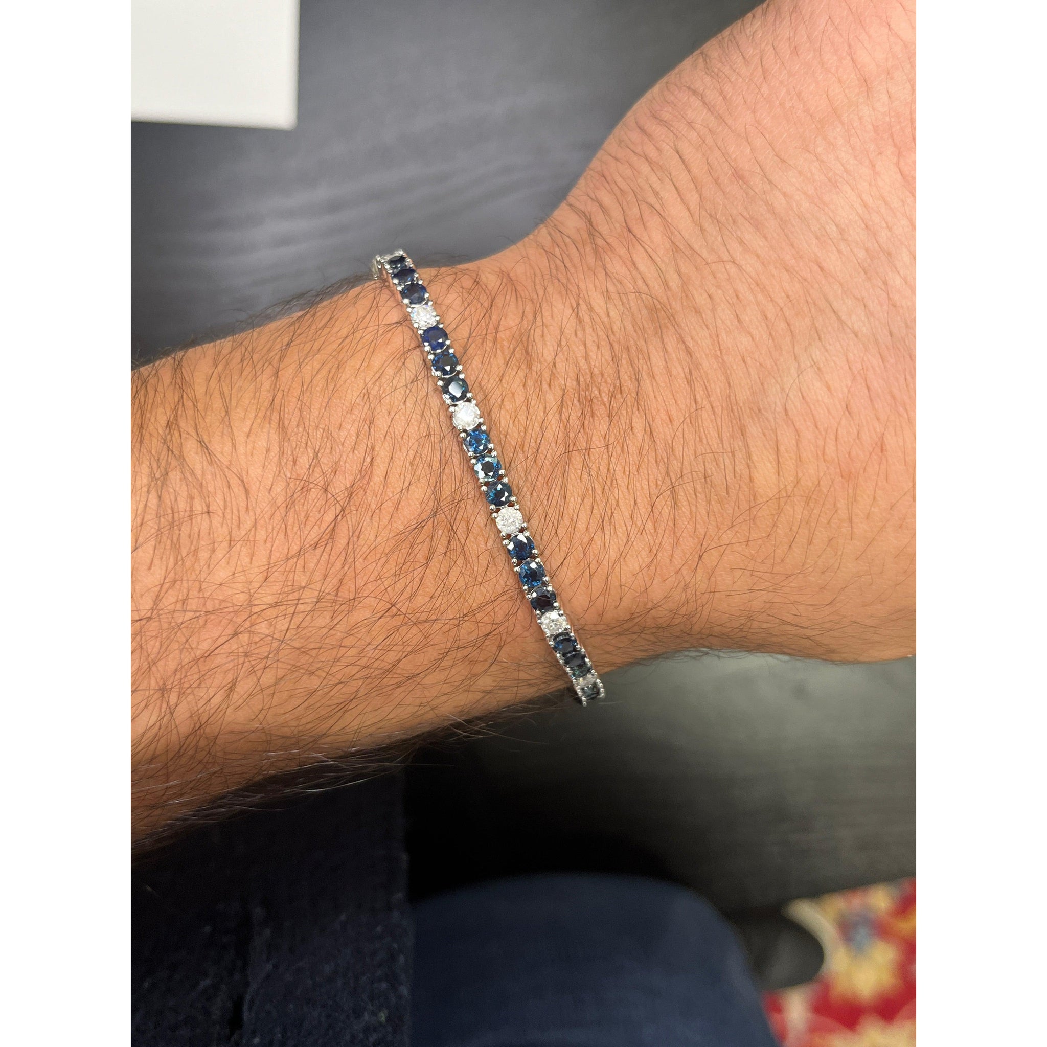 9 Carat Natural Blue Sapphire and Diamond Tennis Bracelet in 18K White Gold | 7 Inch 3MM