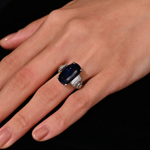 AGL Certified 13.81 Carat Ceylon No Heat Blue Sapphire Platinum Vintage Ring