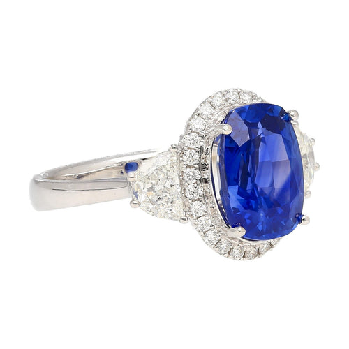 AGL Certified 4.07 Carat No Heat Burma Sapphire & Half Moon Diamond Ring