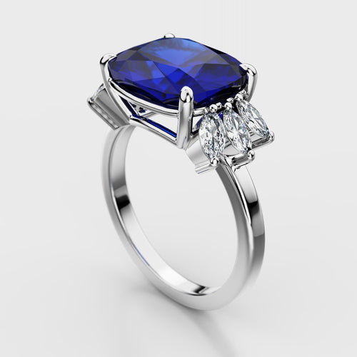 AGL Certified 5.75 Carat Burma No Heat Cushion Blue Sapphire and Diamond Ring