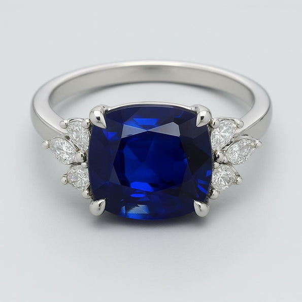 AGL Certified 5.75 Carat Burma No Heat Cushion Blue Sapphire and Diamond Ring
