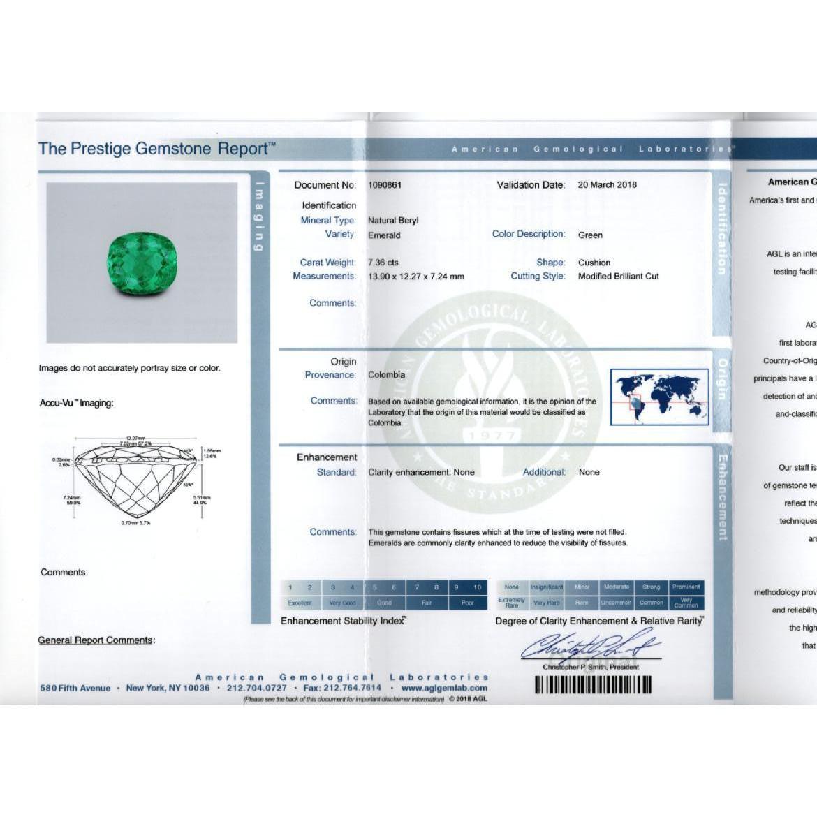 AGL Certified 7.36 Carat No Oil Cushion-Cut Colombian Emerald & Half Moon Cut Diamonds Ring