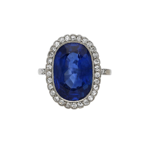 AGL Certified 7.76 Carat No Heat Burma Oval Blue Sapphire Vintage Edwardian Ring in Platinum