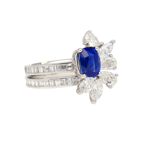 AGL certifié saphir du Cachemire 8 carats non chauffé, rubis de Birmanie et diamant, Bague à superposer