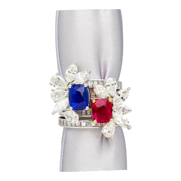Bague empilable certifiée AGL, saphir du Cachemire 8 carats sans chauffage, rubis de Birmanie et diamant
