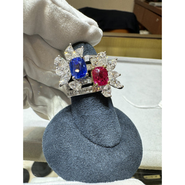 Bague empilable certifiée AGL, saphir du Cachemire 8 carats, rubis de Birmanie et diamant, sans traitement thermique