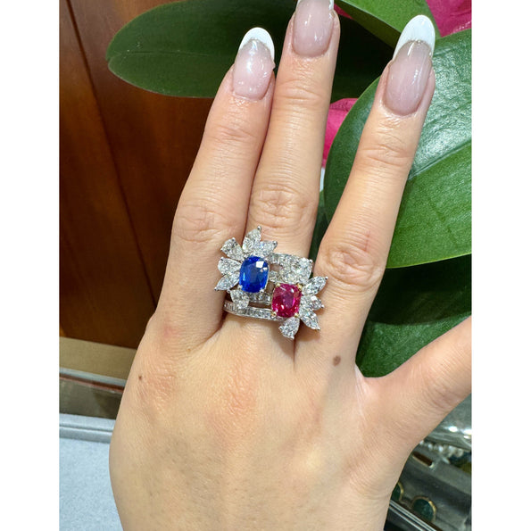Bague empilable certifiée AGL, saphir du Cachemire 8 carats sans chauffage, rubis de Birmanie et diamant