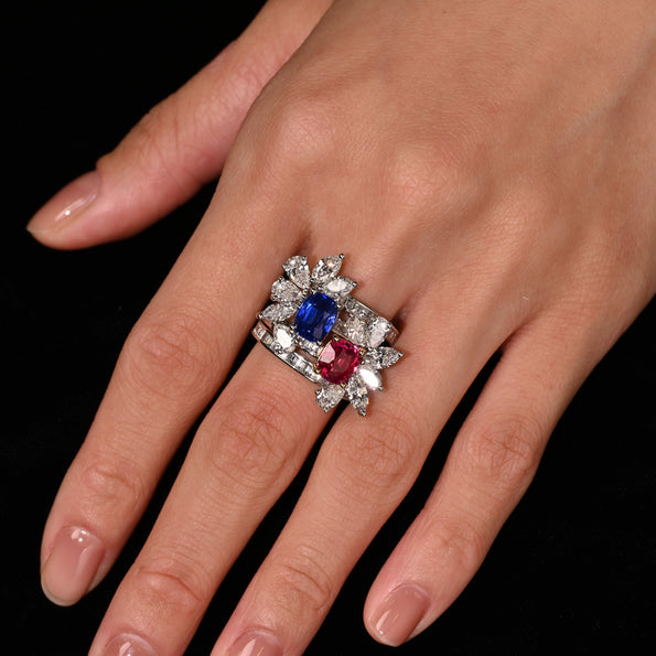 AGL Certified 8 Carat Kashmir Sapphire Burma Ruby and Diamond Stack Ring