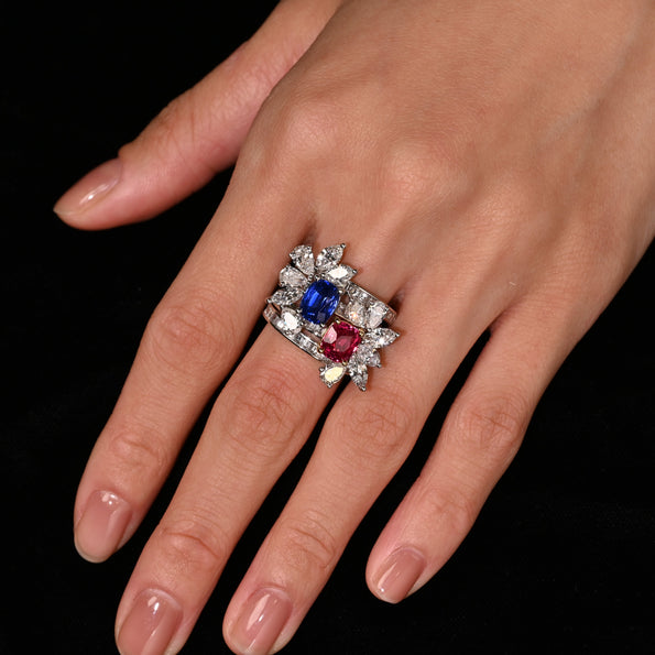 AGL Certified 8 Carat Kashmir Sapphire Burma Ruby and Diamond Stack Ring