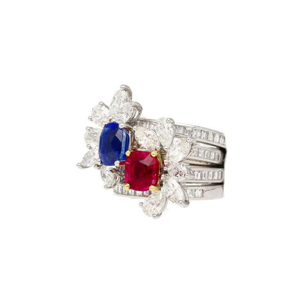 Bague empilable certifiée AGL en saphir du Cachemire 8 carats sans traitement thermique, rubis de Birmanie et diamant