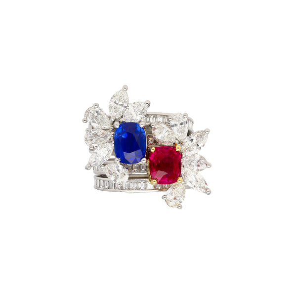 Bague empilable certifiée AGL, saphir du Cachemire 8 carats sans traitement thermique, rubis de Birmanie et diamant