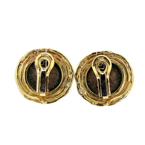 Ancient Greek Coin & Round Cut Diamond Bezel Set in 22K Yellow Gold Earrings