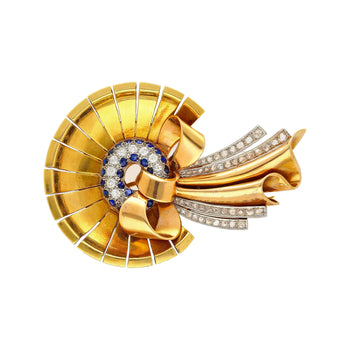 Antique 1940's Diamond & Sapphire Bonnet and Ribbon Brooch in 18K Rose & Yellow Gold – Assay Jewelers