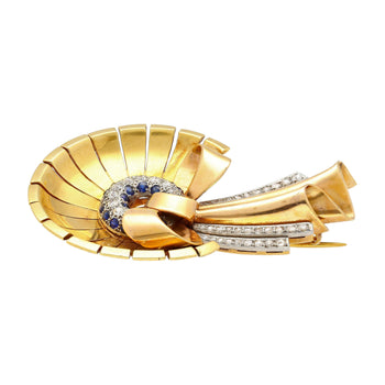 Antique 1940's Diamond & Sapphire Bonnet and Ribbon Brooch in 18K Rose & Yellow Gold – Assay Jewelers