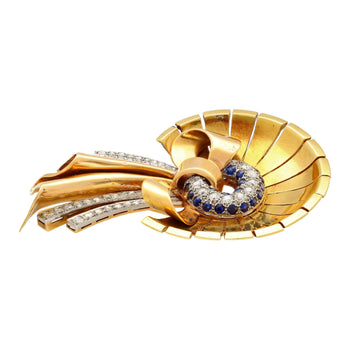 Antique 1940's Diamond & Sapphire Bonnet and Ribbon Brooch in 18K Rose & Yellow Gold – Assay Jewelers