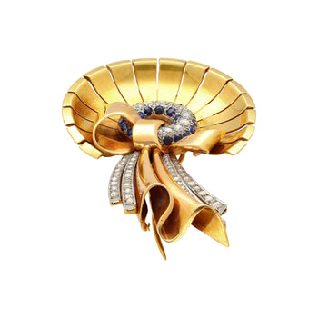 Antique 1940's Diamond & Sapphire Bonnet and Ribbon Brooch in 18K Rose & Yellow Gold – Assay Jewelers