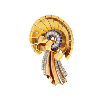 Antique 1940's Diamond & Sapphire Bonnet and Ribbon Brooch in 18K Rose & Yellow Gold – Assay Jewelers