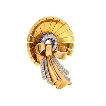 Antique 1940's Diamond & Sapphire Bonnet and Ribbon Brooch in 18K Rose & Yellow Gold – Assay Jewelers