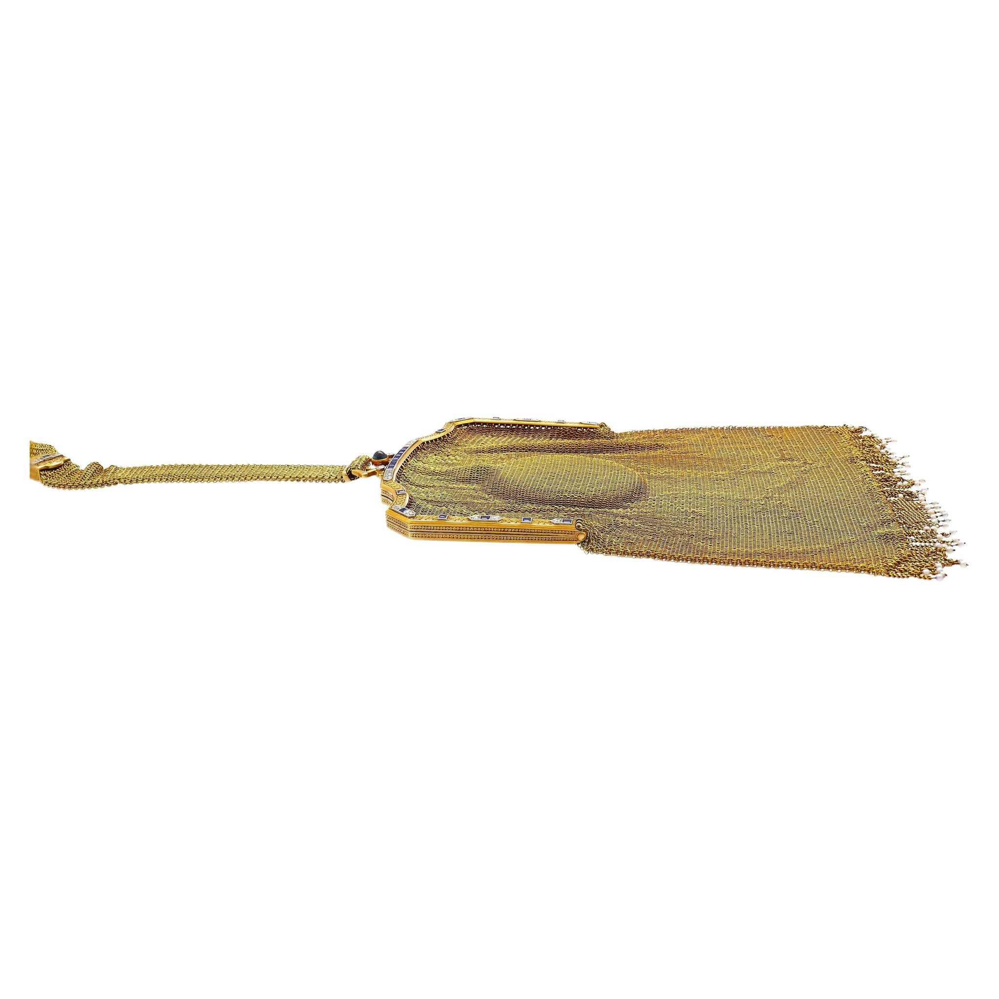 Antique Art Deco Evening Bag In 14k Gold, Platinum, Diamonds and Sapphires With Compact Mirror