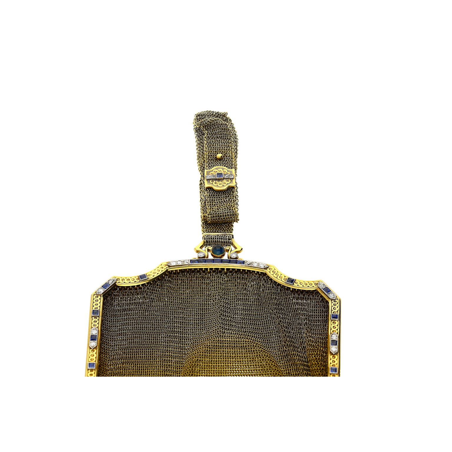 Antique Art Deco Evening Bag In 14k Gold, Platinum, Diamonds and Sapphires With Compact Mirror