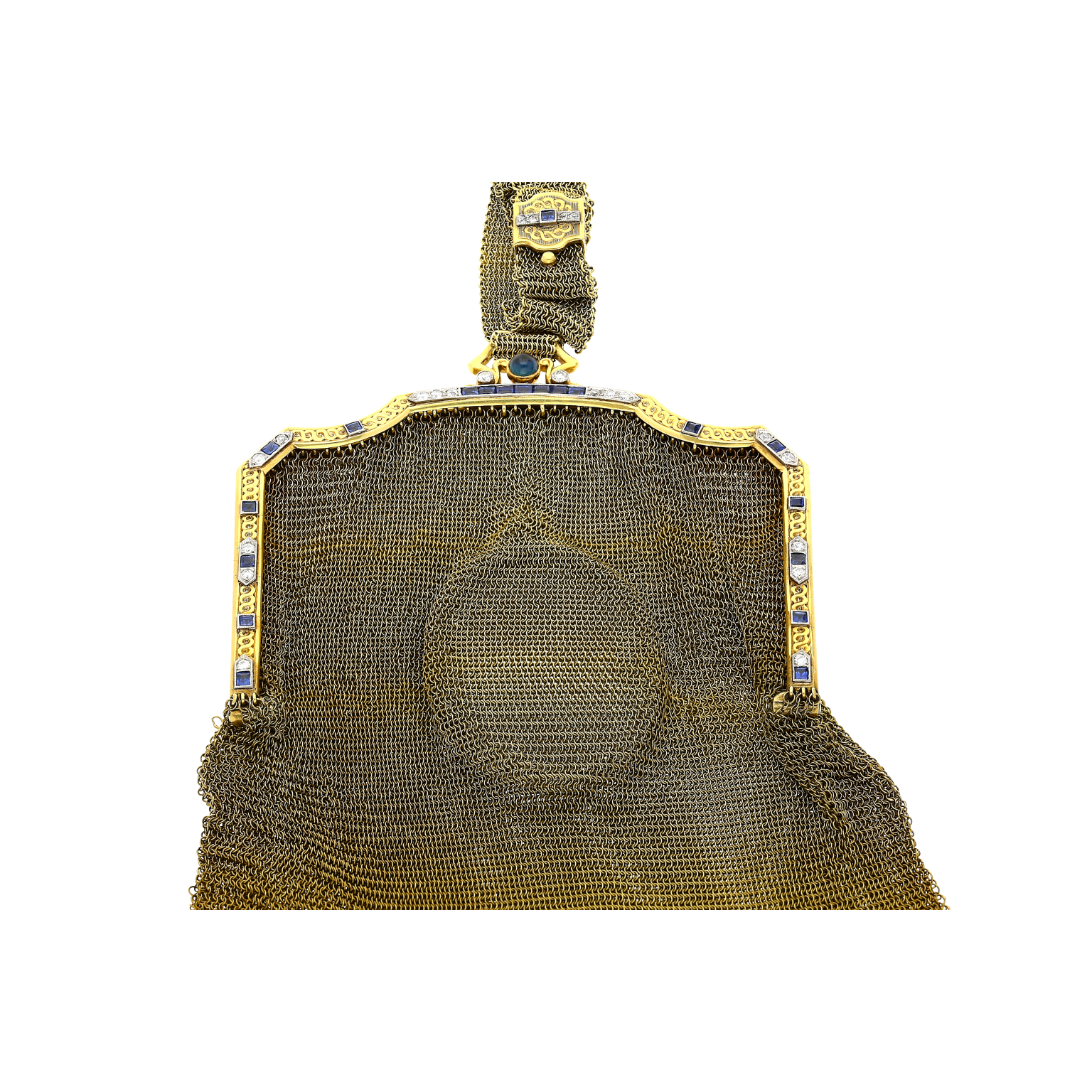 Antique Art Deco Evening Bag In 14k Gold, Platinum, Diamonds and Sapphires With Compact Mirror