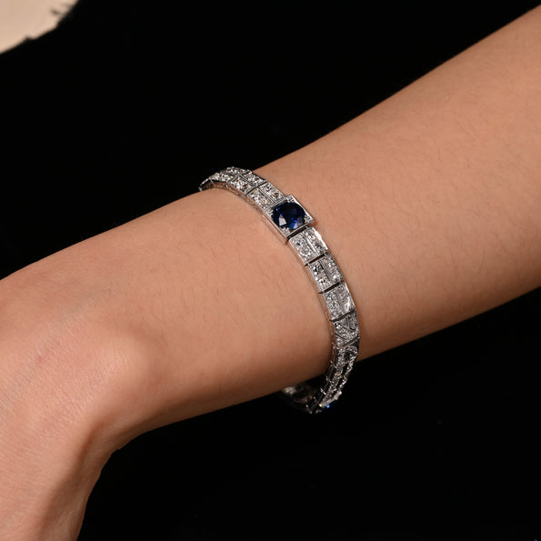 Antique Art Deco Platinum Blue Sapphire and Diamond Bracelet