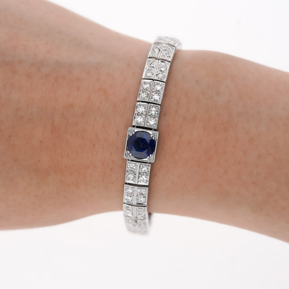 Antique Art Deco Platinum Blue Sapphire and Diamond Bracelet