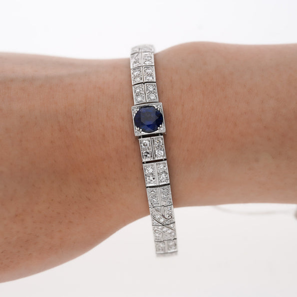 Antique Art Deco Platinum Blue Sapphire and Diamond Bracelet
