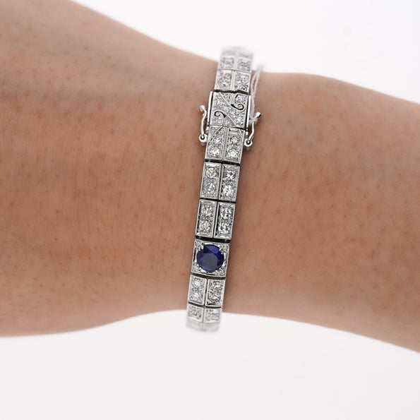 Antique Art Deco Platinum Blue Sapphire and Diamond Bracelet