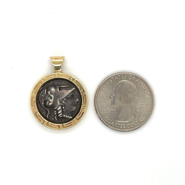 Pendentif antique avec pièce grecque Athéna en or 14k serti