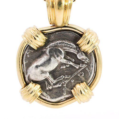 Antique Larissa Greek Coin in 18K Gold Frame Pendant