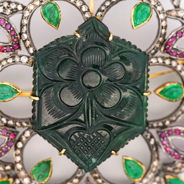 Antique Victorian Carved Jade, Emerald, Ruby, Diamond Gold Pendant or Brooch