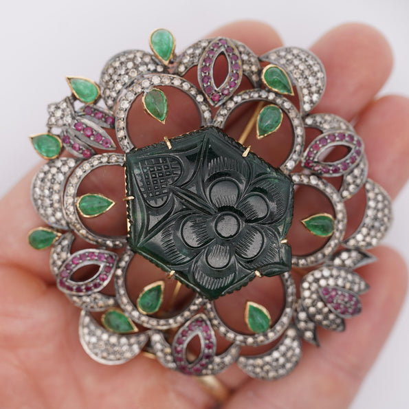 Antique Victorian Carved Jade, Emerald, Ruby, Diamond Gold Pendant or Brooch