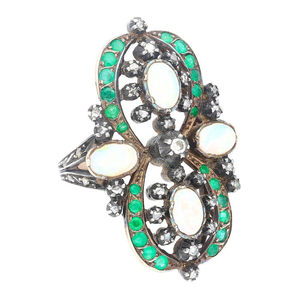 Bague antique de l’époque victorienne (années 1800) en opale, émeraude et diamant, en or et argent