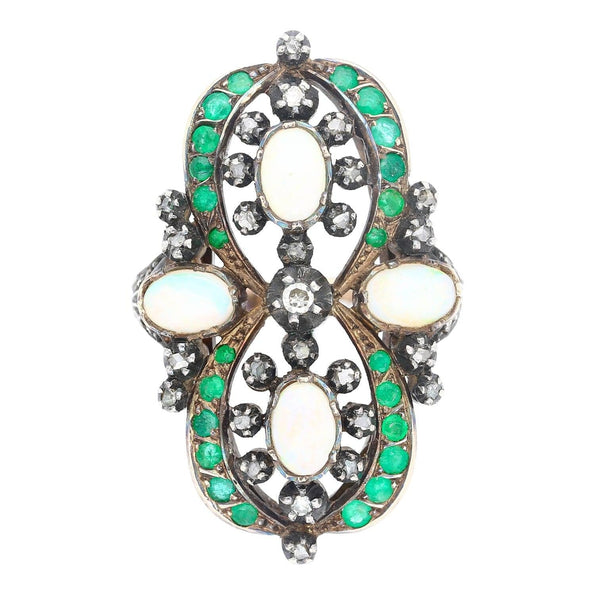 Antique bague victorienne des années 1800 en opale, émeraude et diamant, en or et argent
