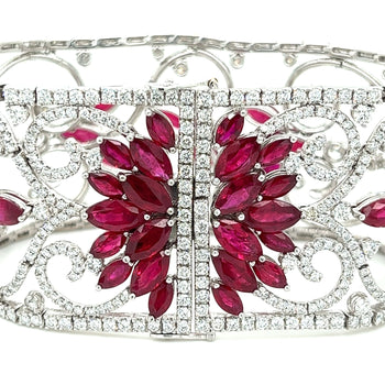 Art Deco 35 Carat Ruby & 11 Carat Diamond Filigree Floral Motif Bracelet in 18K White Gold – Assay Jewelers