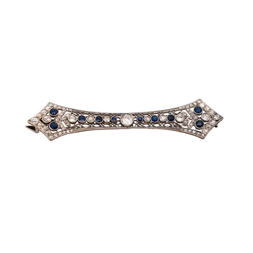Art Deco 4 Carat Old European Cut Diamond & Sapphire 18K White Gold Pin Brooch