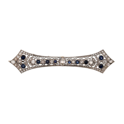 Art Deco 4 Carat Old European Cut Diamond & Sapphire 18K White Gold Pin Brooch