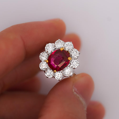 Art Deco 4.05 Carat Ruby and Old Euro Diamond Halo Platinum Ring - AGL Certified